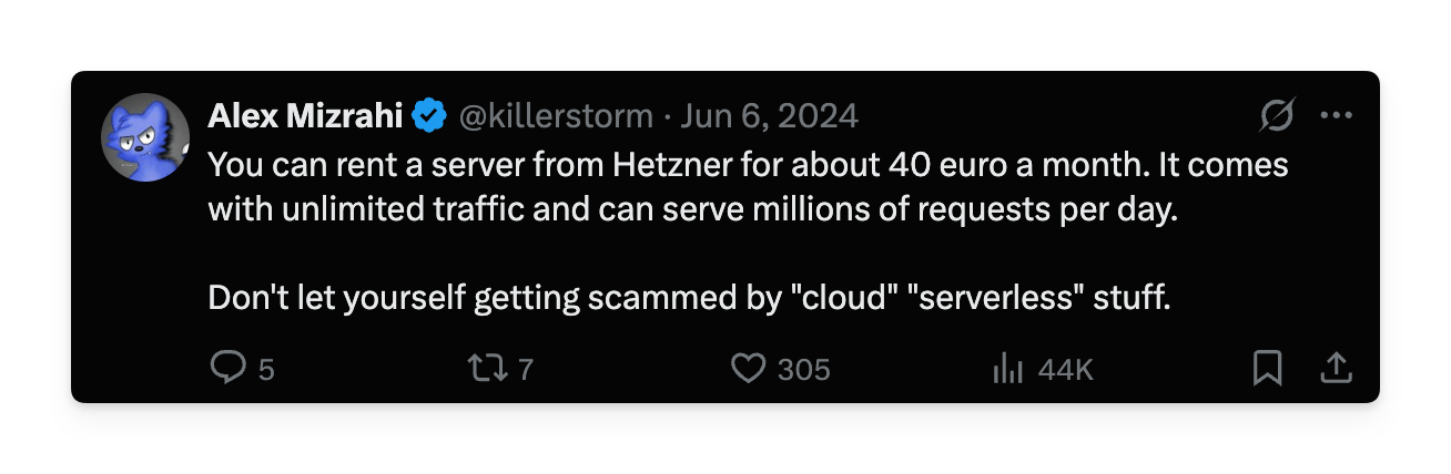 Screenshot of an X post of a reply suggesting hetzner