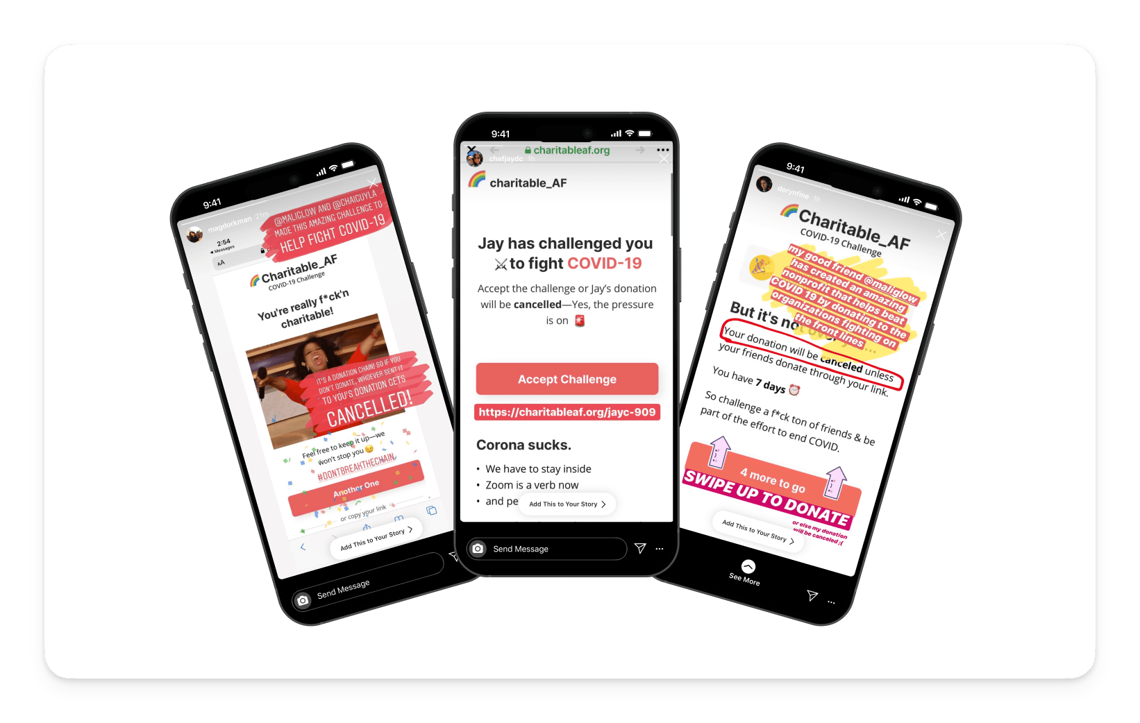 Spread the word - social proof of CharitableAF being shared on Instagram stories by multiple users