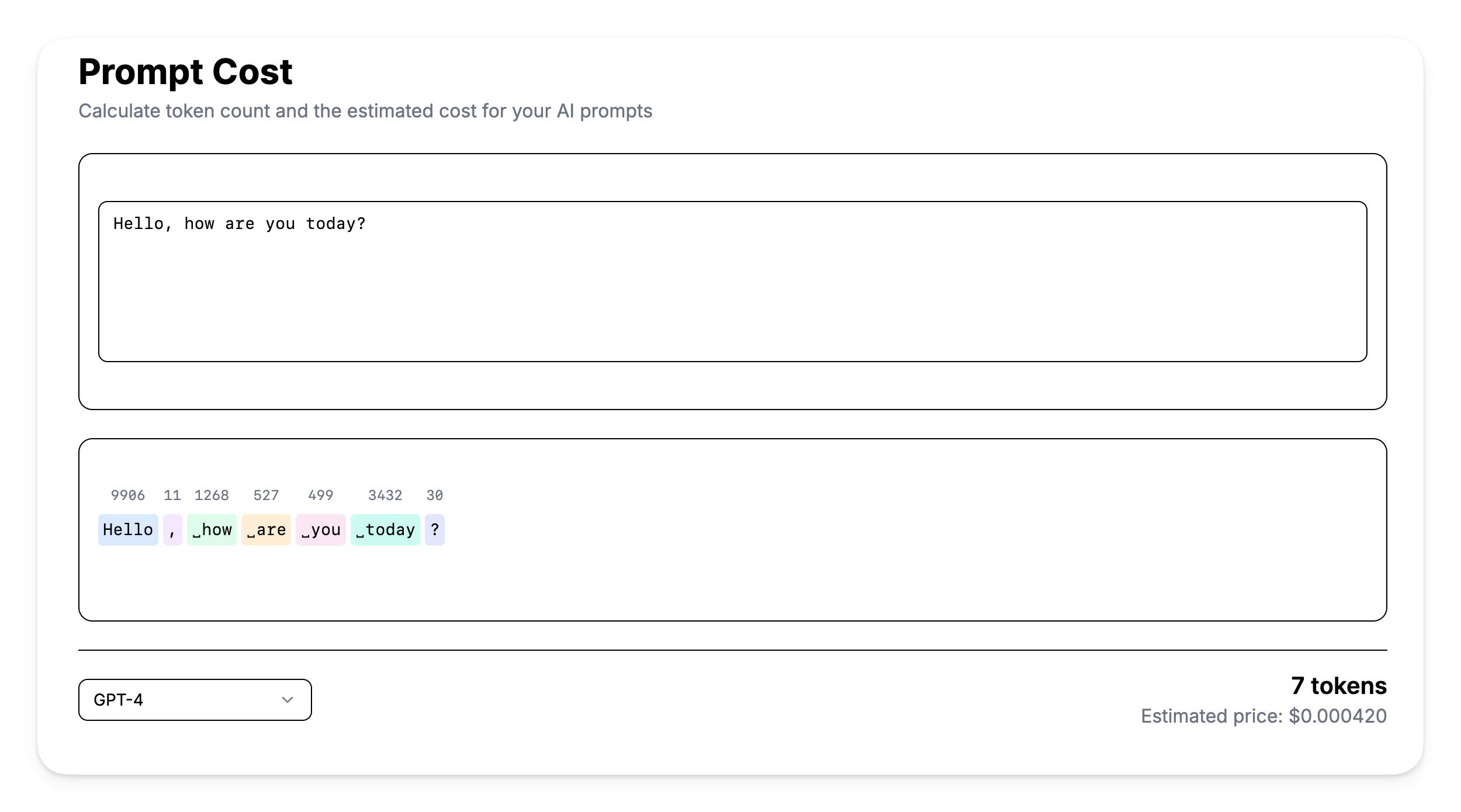 Screenshot of the Prompt Cost web application interface
