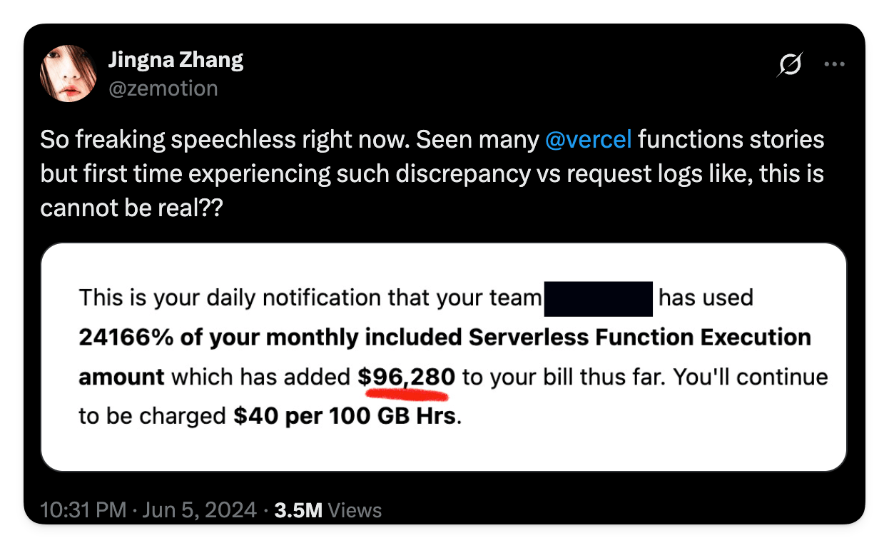 Screenshot of an X post discussing unexpectedly high Vercel hosting bills